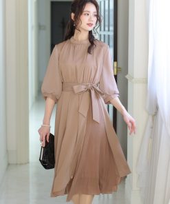 PourVous ドレス 結婚式ワンピースドレス七分袖とロングアシンメトリーヘムリボン大きいサイズフォーマルオケージョンドレスお呼ばれ 二次会 成人式 同窓会 謝恩会