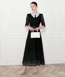 Leja ドレス 「LEJA」レースビッグカラー花柄刺繍ウエストマークロングフレアドレスワンピース美脚効果結婚式 パーティードレス 二次会 同窓会 お呼ばれ オ