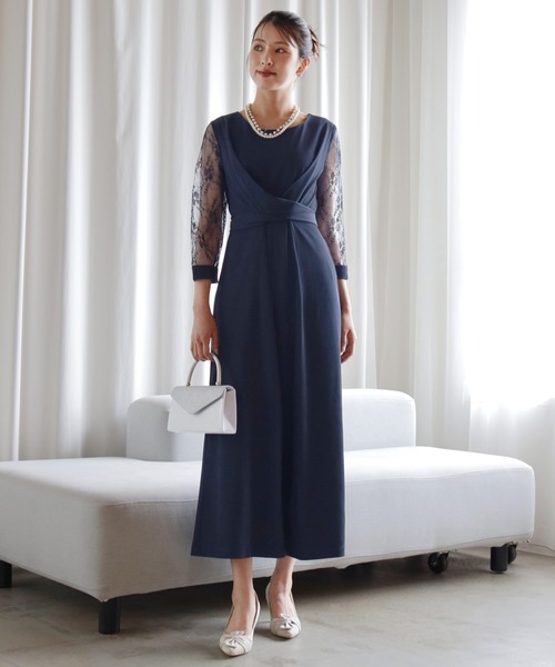 DRESS+ パンツドレス パーティー 結婚式 ジャンプスーツ レース袖 オールインワン2way - 画像 (7)