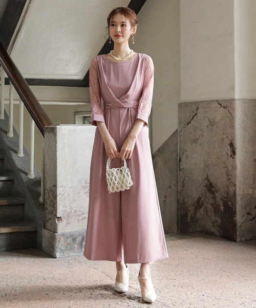 DRESS+ パンツドレス パーティー 結婚式 ジャンプスーツ レース袖 オールインワン2way - 画像 (8)