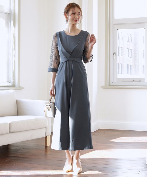 DRESS+ パンツドレス パーティー 結婚式 ジャンプスーツ レース袖 オールインワン2way - 画像 (3)