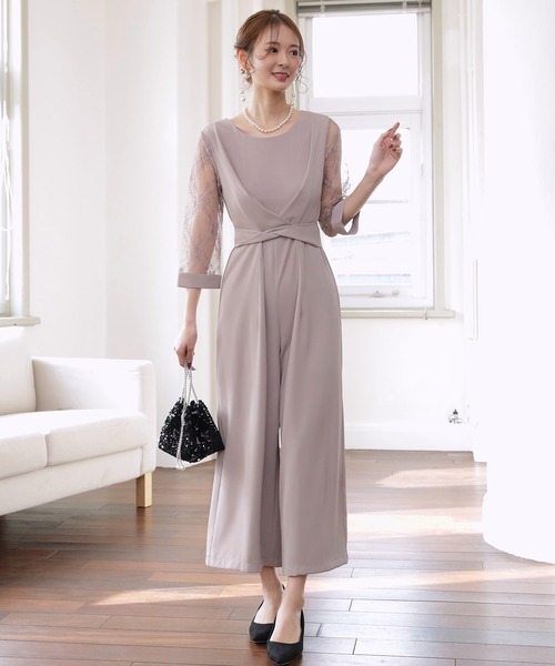 DRESS+ パンツドレス パーティー 結婚式 ジャンプスーツ レース袖 オールインワン2way - 画像 (5)