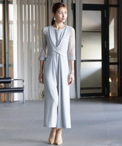 DRESS+ パンツドレス パーティー 結婚式 ジャンプスーツ レース袖 オールインワン2way