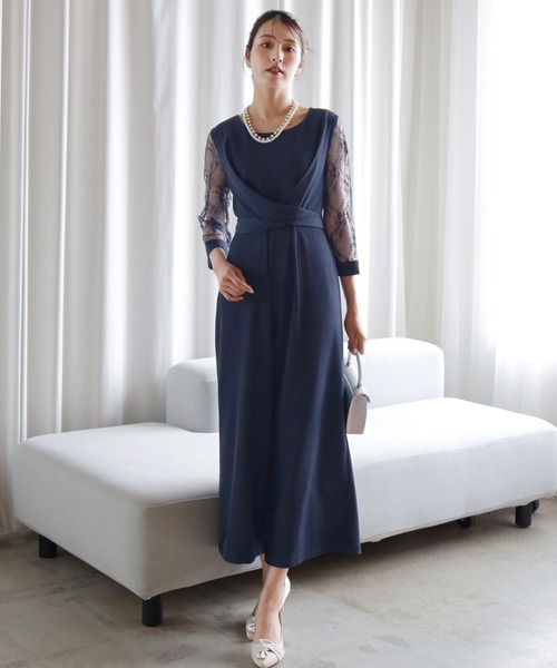 DRESS+ パンツドレス パーティー 結婚式 ジャンプスーツ レース袖 オールインワン2way - 画像 (9)