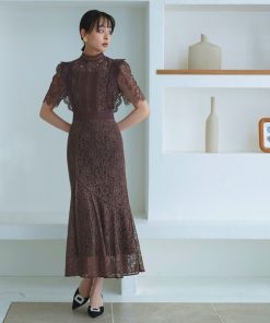 RUIRUE BOUTIQUE ドレス 「オケージョン対応」バックリボンフレアーレースワンピース結婚式 お呼ばれ パーティードレス フォーマルドレス ロング丈 半袖 Iライン マーメ