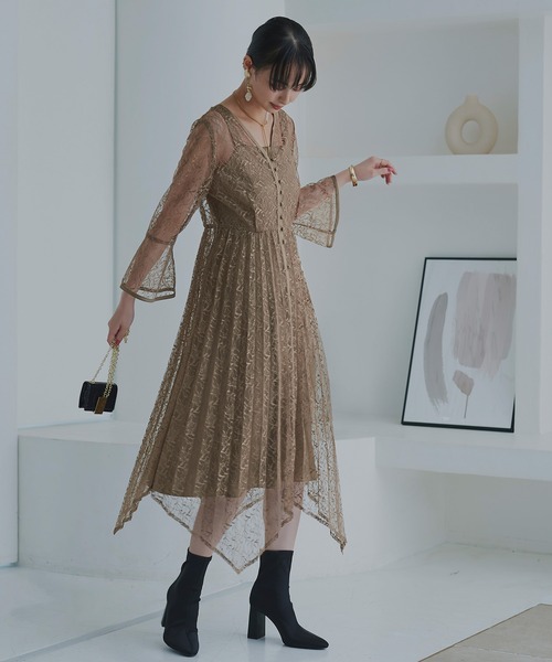 RUIRUE BOUTIQUE ドレス 「オケージョンドレス/結婚式」2WAYレースイレヘムプリーツワンピース結婚式 お呼ばれ パーティー ロング丈 体型カバー 長袖 美脚効 - 画像 (4)