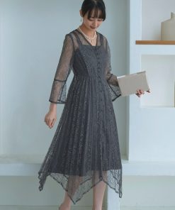 RUIRUE BOUTIQUE ドレス 「オケージョンドレス/結婚式」2WAYレースイレヘムプリーツワンピース結婚式 お呼ばれ パーティー ロング丈 体型カバー 長袖 美脚効