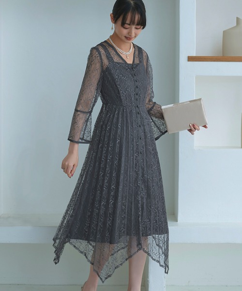 RUIRUE BOUTIQUE ドレス 「オケージョンドレス/結婚式」2WAYレースイレヘムプリーツワンピース結婚式 お呼ばれ パーティー ロング丈 体型カバー 長袖 美脚効