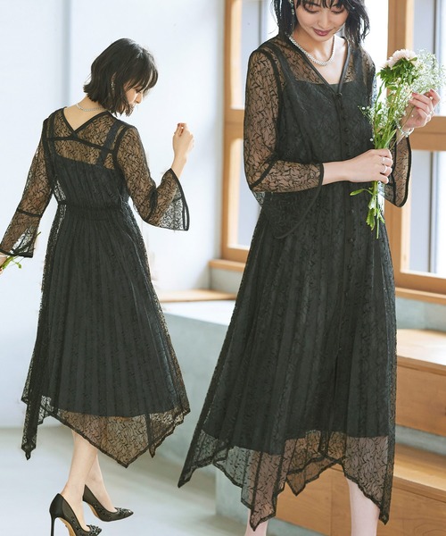RUIRUE BOUTIQUE ドレス 「オケージョンドレス/結婚式」2WAYレースイレヘムプリーツワンピース結婚式 お呼ばれ パーティー ロング丈 体型カバー 長袖 美脚効 - 画像 (2)