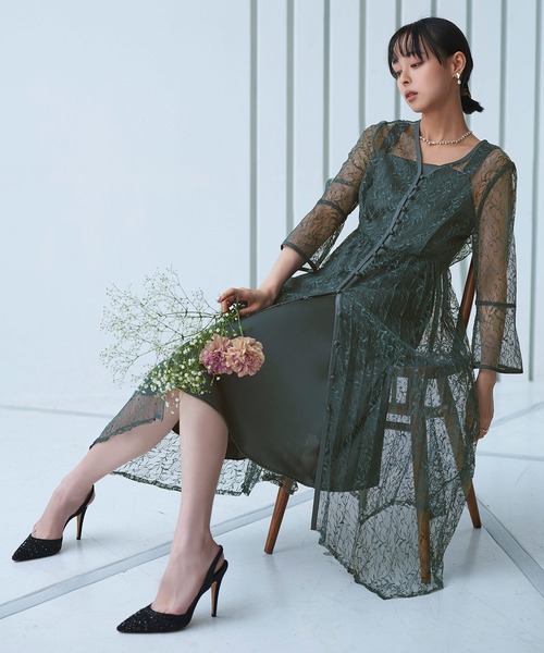 RUIRUE BOUTIQUE ドレス 「オケージョンドレス/結婚式」2WAYレースイレヘムプリーツワンピース結婚式 お呼ばれ パーティー ロング丈 体型カバー 長袖 美脚効 - 画像 (5)