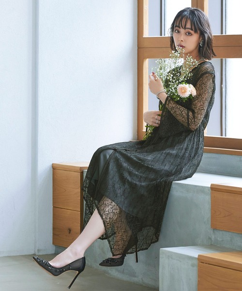 RUIRUE BOUTIQUE ドレス 「オケージョンドレス/結婚式」2WAYレースイレヘムプリーツワンピース結婚式 お呼ばれ パーティー ロング丈 体型カバー 長袖 美脚効 - 画像 (7)