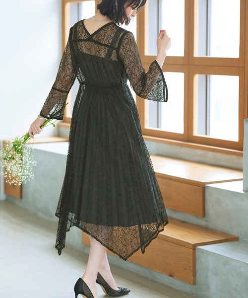 RUIRUE BOUTIQUE ドレス 「オケージョンドレス/結婚式」2WAYレースイレヘムプリーツワンピース結婚式 お呼ばれ パーティー ロング丈 体型カバー 長袖 美脚効 - 画像 (9)