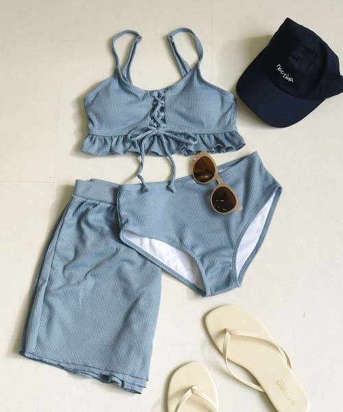 TeddyShop 水着 レディース水着 ワッフルフリルレースアップリボンビキニ+ショートパンツ 上下3点セット「WEB限定」 レディース - 画像 (8)