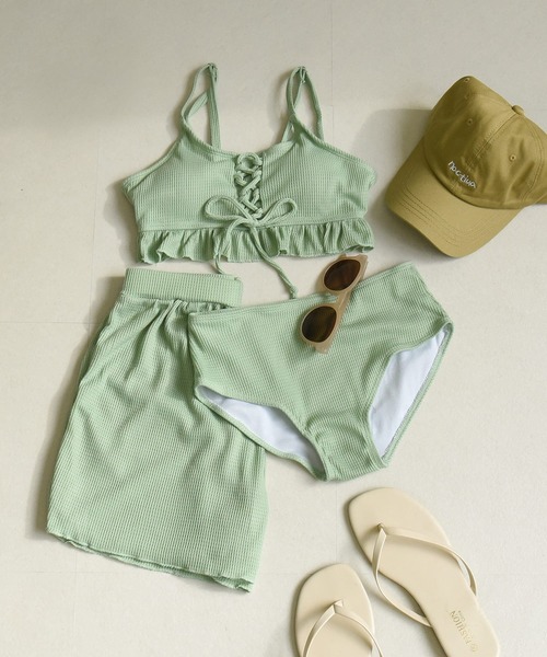 TeddyShop 水着 レディース水着 ワッフルフリルレースアップリボンビキニ+ショートパンツ 上下3点セット「WEB限定」 レディース - 画像 (7)