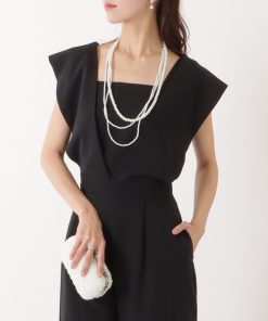 Lace Ladies パンツドレス ビッグ ショルダー スクエア ネック オールインワン