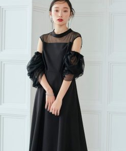 RUIRUE BOUTIQUE ドレス 「洗える/マルチway」ギャザーシアースリーブフレアパーティードレス「付け袖」 レディース ワンピース フレア ロング丈 半袖 フォーマルドレ