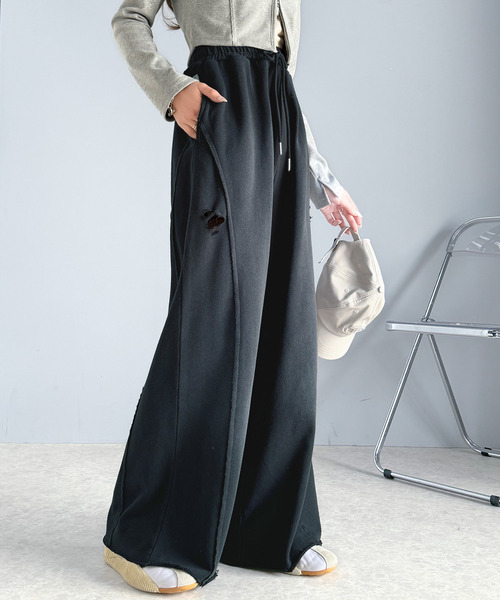 classicalelf スウェットパンツ ジャージ 個性派の1本。ヴィンテージ&ダメージ加工ワイドシルエット裏毛スウェットパンツ レディース - 画像 (2)