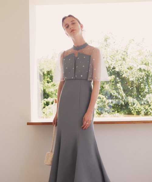 Leja ドレス 「LEJA」花柄ストーンスパンコールチュールオーバーラップマーメイドワンピースドレス美脚効果結婚式 パーティードレス 成人式 二次会 同窓会 - 画像 (3)