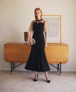 Leja ドレス 「LEJA」花柄ストーンスパンコールチュールオーバーラップマーメイドワンピースドレス美脚効果結婚式 パーティードレス 成人式 二次会 同窓会