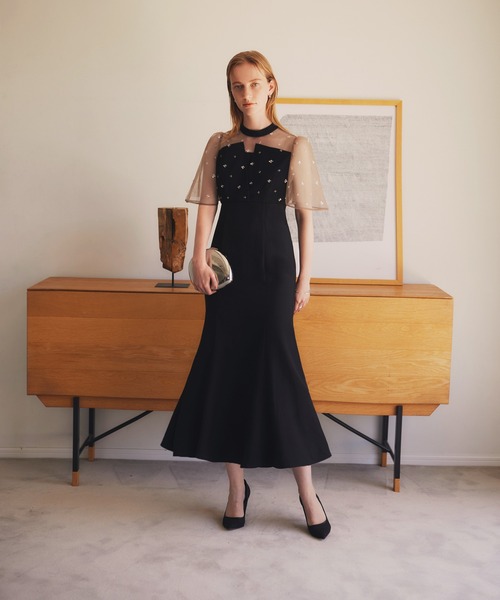 Leja ドレス 「LEJA」花柄ストーンスパンコールチュールオーバーラップマーメイドワンピースドレス美脚効果結婚式 パーティードレス 成人式 二次会 同窓会 - 画像 (2)