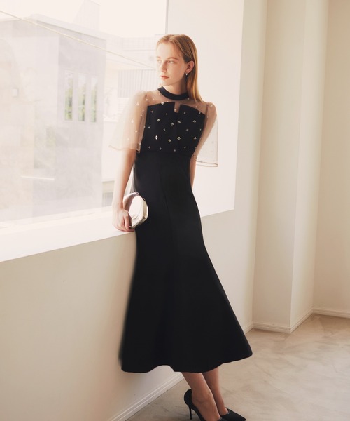 Leja ドレス 「LEJA」花柄ストーンスパンコールチュールオーバーラップマーメイドワンピースドレス美脚効果結婚式 パーティードレス 成人式 二次会 同窓会 - 画像 (4)