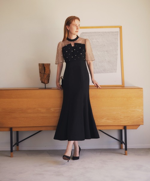 Leja ドレス 「LEJA」花柄ストーンスパンコールチュールオーバーラップマーメイドワンピースドレス美脚効果結婚式 パーティードレス 成人式 二次会 同窓会 - 画像 (5)