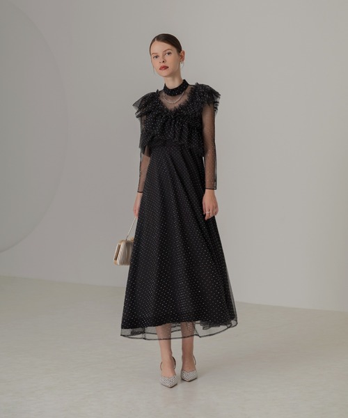 Leja ドレス 「LEJA」2wayドットストーンギャザーチュールAラインドレス 2点セット美脚効果 ドレスワンピース 結婚式 パーティードレス 成人式 二次