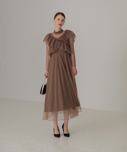 Leja ドレス 「LEJA」2wayドットストーンギャザーチュールAラインドレス 2点セット美脚効果 ドレスワンピース 結婚式 パーティードレス 成人式 二次 - 画像 (4)