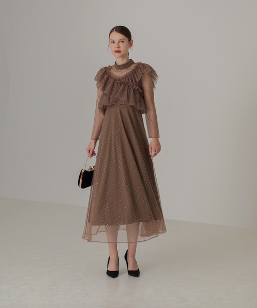 Leja ドレス 「LEJA」2wayドットストーンギャザーチュールAラインドレス 2点セット美脚効果 ドレスワンピース 結婚式 パーティードレス 成人式 二次 - 画像 (5)