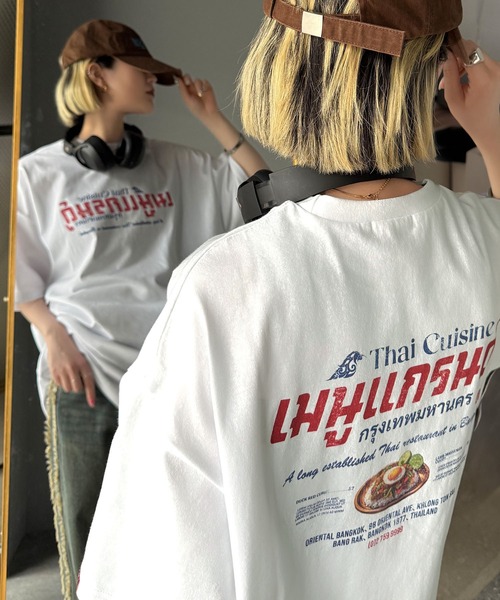 Java tシャツ 「JaVaジャバコラボ」お洒落見え確定。綿100%タイ料理メニュー風プリントルーズフィットTシャツ(オーバーサイズ) レディース - 画像 (6)