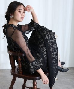 PourVous ドレス レースシースルー結婚式二次会パーティードレス袖ありとロングベルスリーブシアーセレモニーフォーマルオケージョンドレス同窓会成人式ディナーミディア