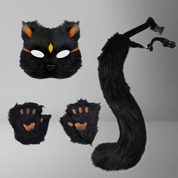 動物マスクと尻尾セット ナイトクラブフェスティバル仮面舞踏会用動物ロングテール ブラックゴールドチップ - 画像 (3)