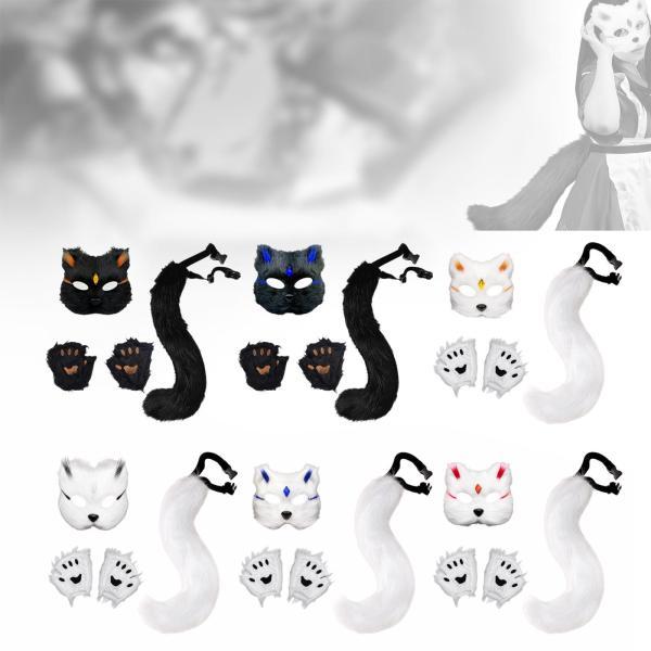 動物マスクと尻尾セット ナイトクラブフェスティバル仮面舞踏会用動物ロングテール ブラックゴールドチップ - 画像 (7)