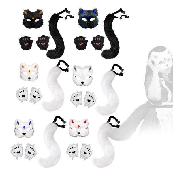 動物マスクと尻尾セット ナイトクラブフェスティバル仮面舞踏会用動物ロングテール ブラックゴールドチップ - 画像 (8)