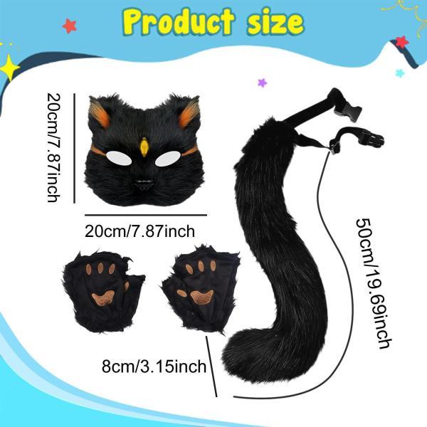 動物マスクと尻尾セット ナイトクラブフェスティバル仮面舞踏会用動物ロングテール ブラックゴールドチップ - 画像 (9)