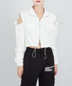 2color ジャケット ファスナー付き レディース ブラック ホワイト 春服 秋服