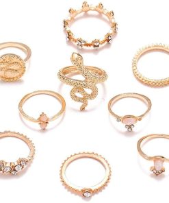 女性のためのヘビの指輪セット 女の子と十代の若者のためのゴールドミッドフィンガーリング ジュエリーリングサイズ5.5,6,7,7.5,8,8.5(9個入り)