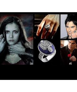 アンティークシルバーメッキ刻印ヴァンパイアダイアリーズ商品バンドリングブルーストーンパターンお土産デイライトメンズリング、サイズ9#