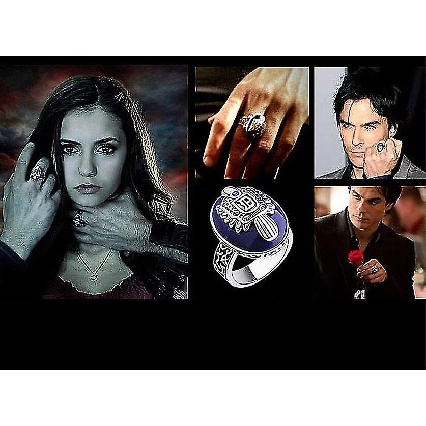 アンティークシルバーメッキ刻印ヴァンパイアダイアリーズ商品バンドリングブルーストーンパターンお土産デイライトメンズリング、サイズ9#