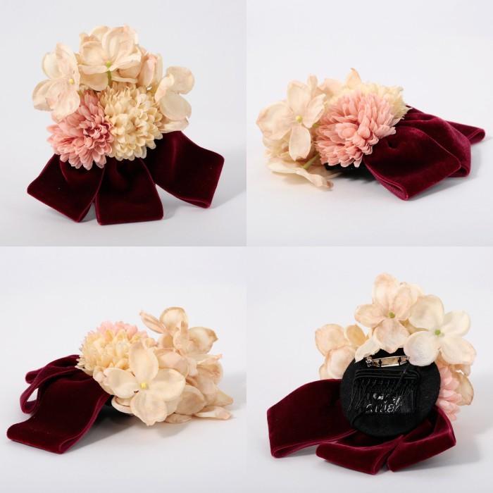 Hiila ヘッドドレス 和装 小花 ベージュ アジサイ ピンク リボン付き ウエディング 結婚式 コサージュ - 画像 (5)
