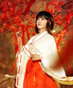 巫女 コスチューム コスプレ ハロウィン イベント 巫女装束 桔梗 衣装 白紐 赤袴 赤太帯 リボン クリスマス. 3点セット