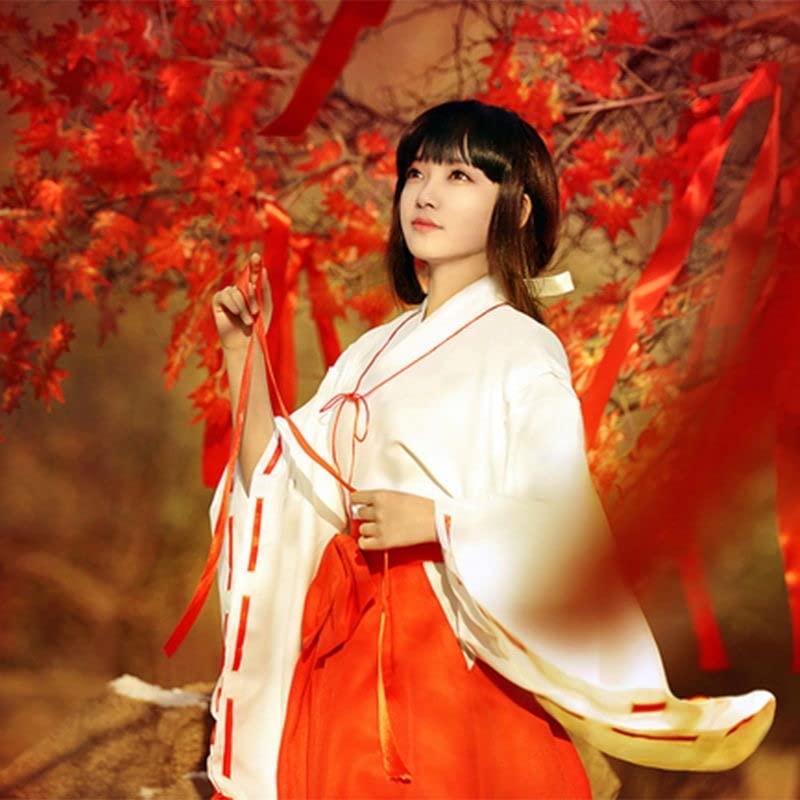 巫女 コスチューム コスプレ ハロウィン イベント 巫女装束 桔梗 衣装 白紐 赤袴 赤太帯 リボン クリスマス. 3点セット