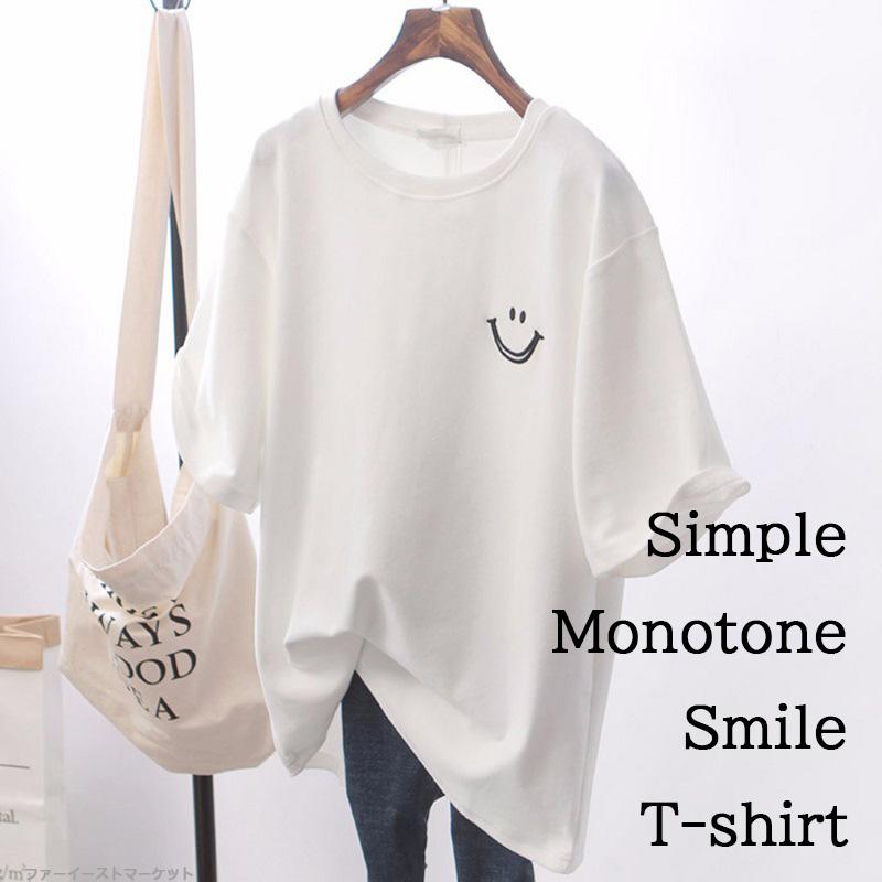 Tシャツ 半袖 レディース モノトーン シンプル 無地 ワンポイント 涼しい カジュアル おしゃれ かわいい トップス 着まわし 通勤 通学 スマイル - 画像 (2)