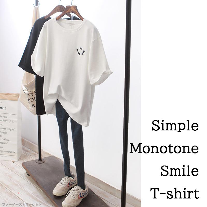Tシャツ 半袖 レディース モノトーン シンプル 無地 ワンポイント 涼しい カジュアル おしゃれ かわいい トップス 着まわし 通勤 通学 スマイル - 画像 (3)
