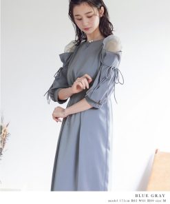 niana 結婚式 ワンピース パーティードレス パフスリーブ ペンシルスカート オープンショルダー リボン シアー オーガンジー ロング丈 ミモレ丈 袖あり ロング