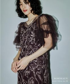 niana フラフィースリーブペンシルドレス パーティードレス 結婚式 ワンピース 刺繍レース チュール シアー