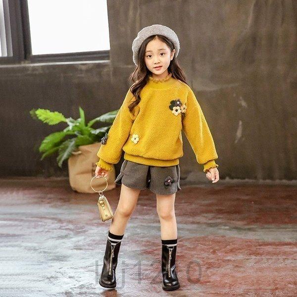 2点子供服セットアップキッズ女の子おしゃれ長袖秋冬厚手上下セット韓国子供服ジュニアトップスショートパンツ暖かいカジュアル可愛い - 画像 (2)