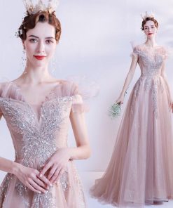 ANGEL オフショルダー ラメ チュール フリル ビーズ スパンコール 背中編上げ Aライン ロングドレス ピンク ロング ドレス パーティードレス