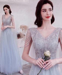 ANGEL Vネック ラメ チュール スパンコール ビーズ ノースリーブ 背中編上げ Aライン ロングドレス グレー 灰色 ロング ドレス パーティー