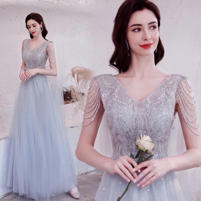 ANGEL Vネック ラメ チュール スパンコール ビーズ ノースリーブ 背中編上げ Aライン ロングドレス グレー 灰色 ロング ドレス パーティー